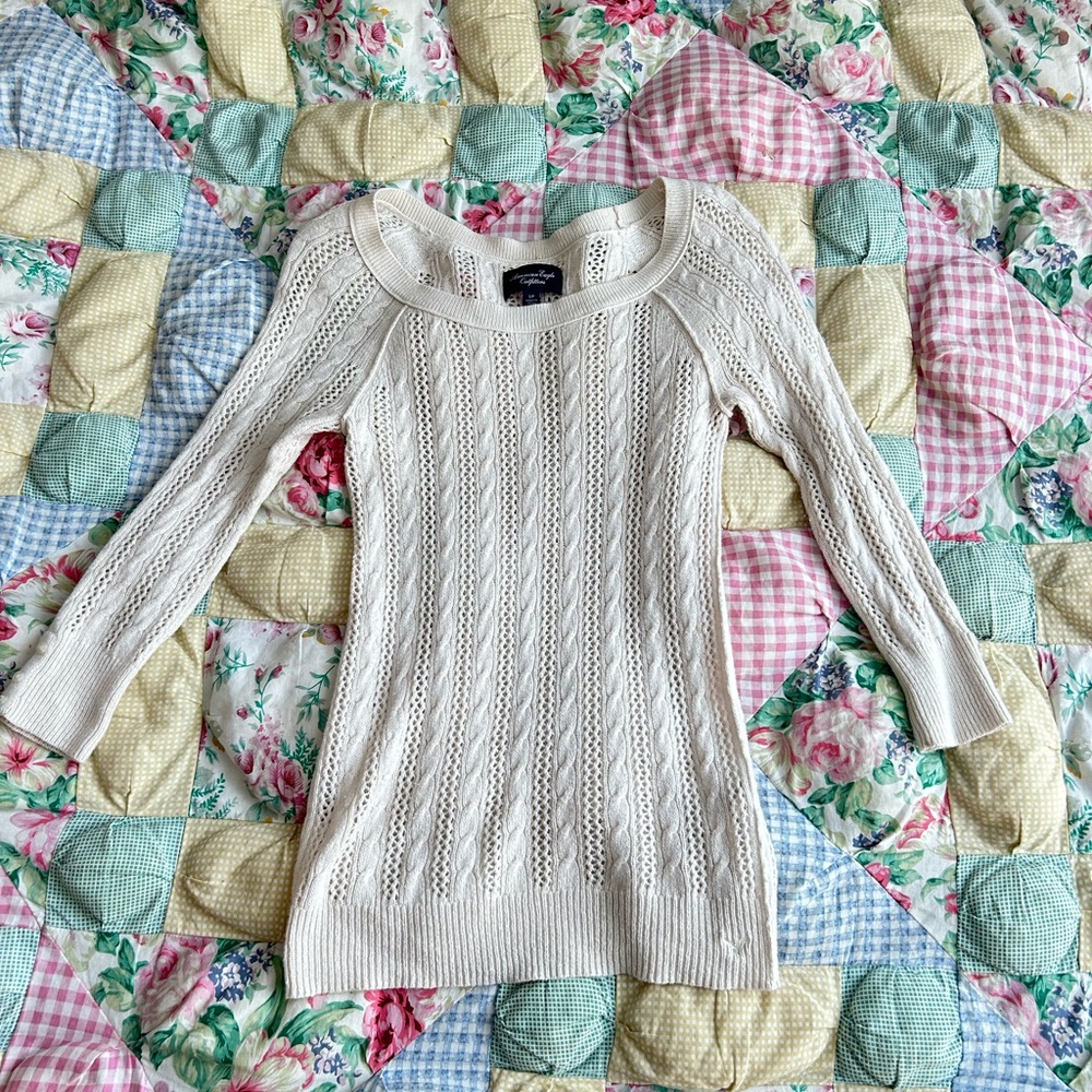 American Eagle Outfitters Cream Crew Neck Sweater with Intricate Knit Patterns